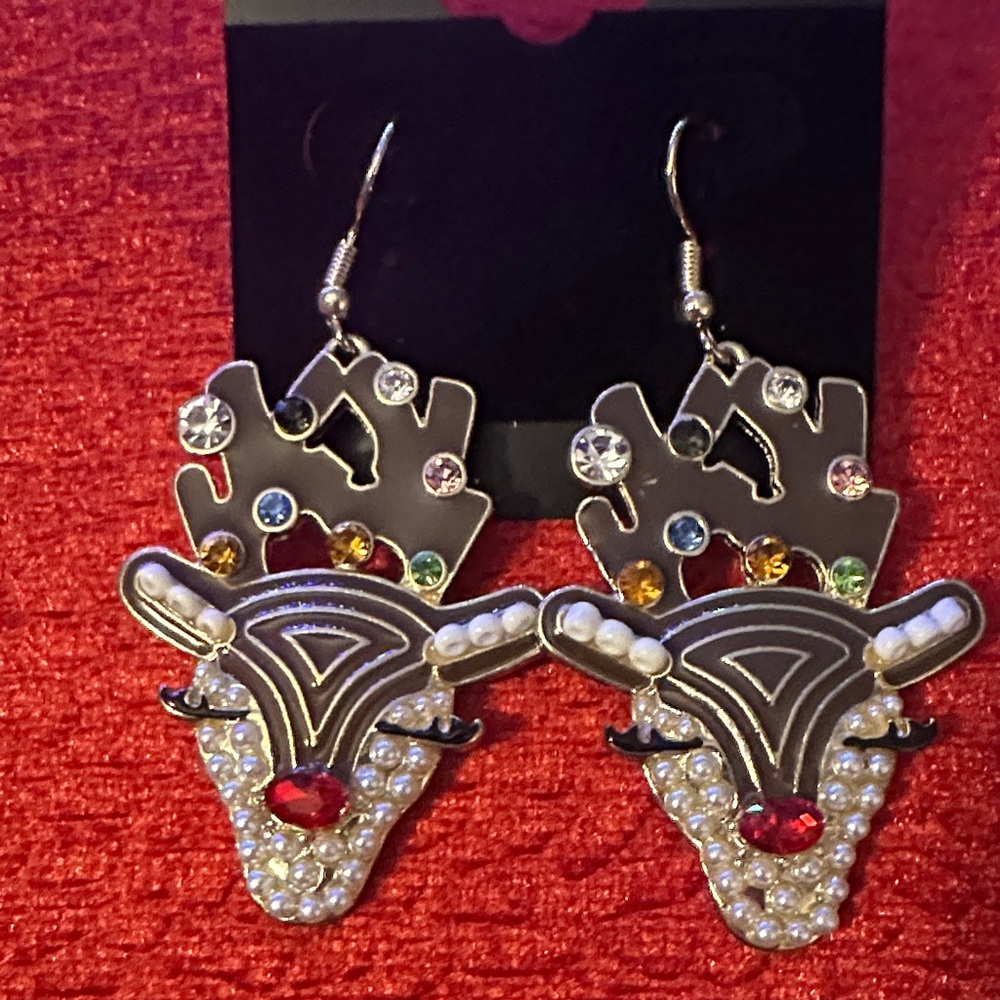 Festive Reindeer Earrings with Rhinestones and Beads